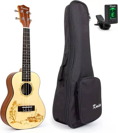 Ukulele de concerto, Ukelele de abeto sólido Kmise Ukalalee de 58 cm com afinador de bolsa de entalhes a laser da vila para adultos iniciantes