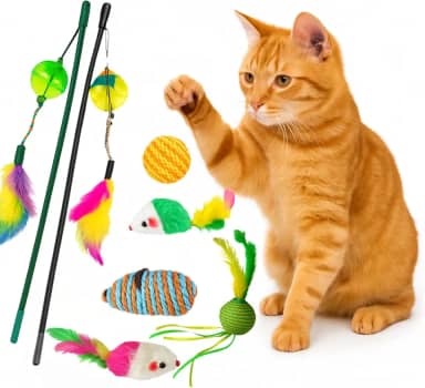 Kit Brinquedos Interativos para Gatos Filhotes e Adultos – 7 Itens com Varinha, Ratinho, Bolas com Guizo e Penas – Brinquedos Seguros e Atóxicos para Estimular e Aliviar o Estresse do Gato.