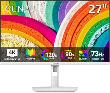 CUNPU Monitor branco 4K de 27 polegadas, taxa de atualização de 73 Hz, UHD (3840 * 2160) IPS monitor de bisel ultrafino para edição de foto e vídeo, modo e-book, ΔE < 2, 100% DCI-P3, 1,07B + cores, DP
