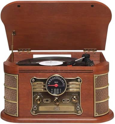 Vitrola Toca Discos Vinil Retro Bluetooth Cassete Usb Cd Player Rádio Fm Entrada Auxiliar Reproduz E Grava Vintage Bivolt 25W Raveo Spazio