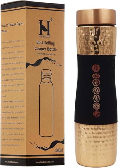 Garrafa de água de cobre puro, boca larga, capacidade de 1000 ml (33,81 US Fl Oz) para benefícios de saúde Ayurveda (7 chakras)