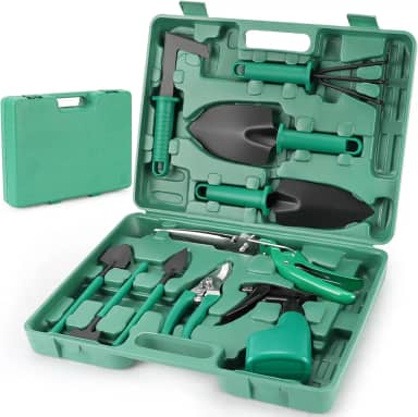 Kit de Ferramentas de Jardinagem 10 Peças, Kit Jardinagem com Maleta, Pás, Tesoura, Foice, Aço Inoxidável, Verde