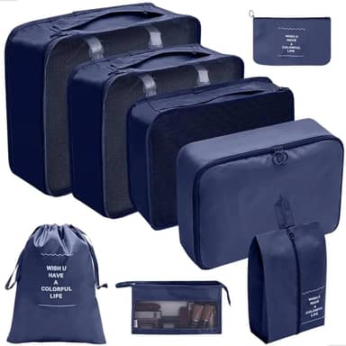 Kit Organizador de Mala 8 Peças Packing Cubes com Compressão Porta Sapatos Necessaire Transparente Roupas Sujas para Viagem (Azul)