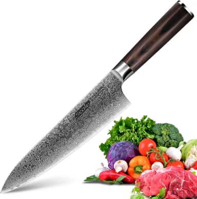 SCOLE Faca De Chef Damasco 8", Cabo Ergonômico Madeira Pakka, Profissional, Japonesa, Afiada, 67 Camadas, Aço Vg-10, Para Cozinha, Série Armor Knight