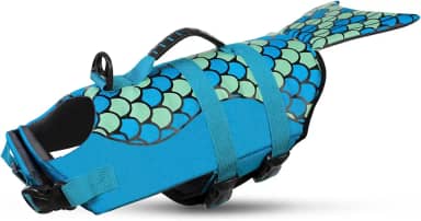 Queenmore Colete salva-vidas para cães sereia, colete salva-vidas para natação, colete flutuante para cães, colete de natação leve, colete salva-vidas para cães pequenos, médios e grandes (azul, P)