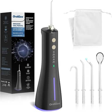 Irrigador Bucal Portátil, com Esterilização UV Water Flosser Elétrico Sem Fio, 300ML, 5 Modos de Limpeza, USB Recarregável, IPX7 À Prova D’Água, 4 Bicos Substituíveis, Viagem e Uso Doméstico (Preto)