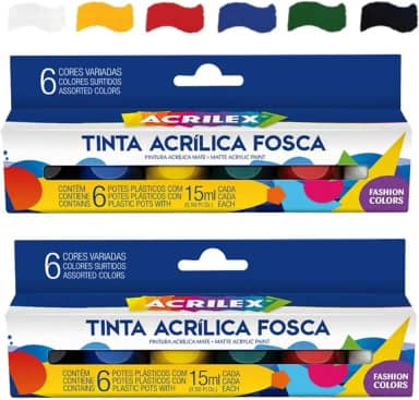 Kit Com 2 Caixas Pintura Acrílica Mate 6 Cores Tinta 15ml 03506 Acrilex – Para Artesanato e Pinturas Diversas Indicada Para Uso Em Madeira, Papel, Cerâmica, Isopor, Couro, Gesso, Cortiça, Vidro E Pet, Esta Tinta Proporciona Excelente Cobertura, Secagem Rápida E Facilidade De Uso Em Seus Projetos Criativos
