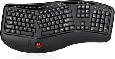 Adesso WKB-3500UB – Teclado de mesa ergonômico sem fio com trackball integrado, design de teclas divididas, descanso de palma, teclas de controle de mídia, longa vida útil da bateria – Compatível com laptop/desktop/PC/Windows XP/7/8/10