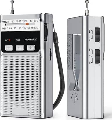 Goodes Rádio AM FM portátil com leitor de MP3, rádio recarregável com carregamento tipo C, melhor recepção, entrada para cartão TF, lanterna, clipe traseiro, conector de fone de ouvido, adequado para