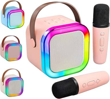 Caixa de Som Karaokê Portátil com 02 Microfones Sem Fio | Testados Previamente | com Luzes LED RGB e Vozes Auto Tune - Envio de Cores Conforme Disponibilidade