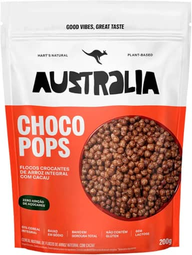 Hart's Natural ChocoPops Australia Chocolate | Cereal Matinal Sem Adição de Açucar, Sem Glúten, Sem Lactose, Vegano | 100% Natural | Alto em Fibras | 200g
