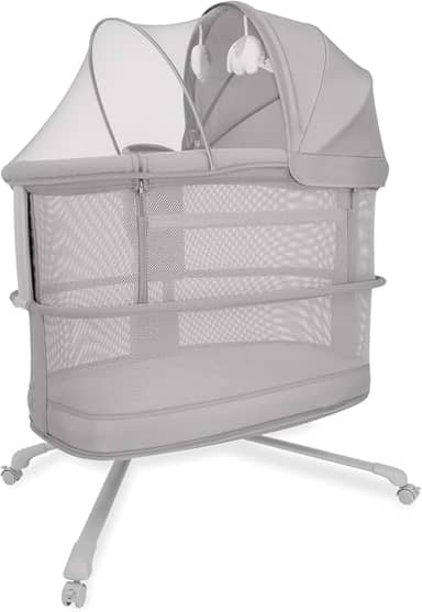 Mastela Berço Móvel Com Balanço Automático, 3 Alturas, Cinza Escuro, Controle por App, Base com Rodas - Até 18 kg