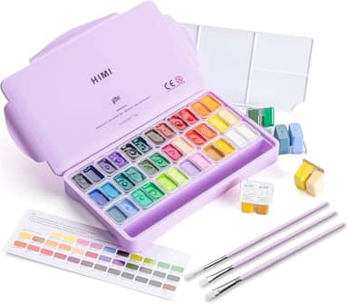 HIMI Twin Cup Jelly Gouache Paint Set with 3 Paint Brushes, 36 Colors 12g, Jelly Cup Design, Non Toxic Paint for Canvas and Paper, Art Supplies for Professionals (Purple Case)