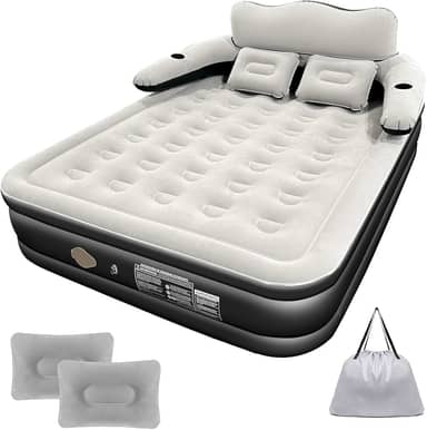 Colchão Inflável Casal 205*155CM com Encosto e Travesseiro, Bomba de ar Elétrica Recarregável Embutida, Inflação e Deflação Rápidas e Automáticas, para Viagens e Acampamentos (Preto e Branco)