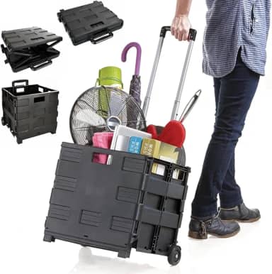 Carrinho De Compras Vira Maleta Cesto Dobrável Portátil Feira Mercado Ferramentas Multiuso Retrátil Reforçado Resistente 25Kg Rodina Dia a Dia Pique Nique Trabalho (Preto)