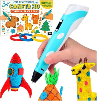 Caneta Impressora 3D USB Bivolt com Controle de Temperatura, Display LCD e Filamentos ABS/PLA - Kit Completo para Crianças e DIY Criativo (Azul)
