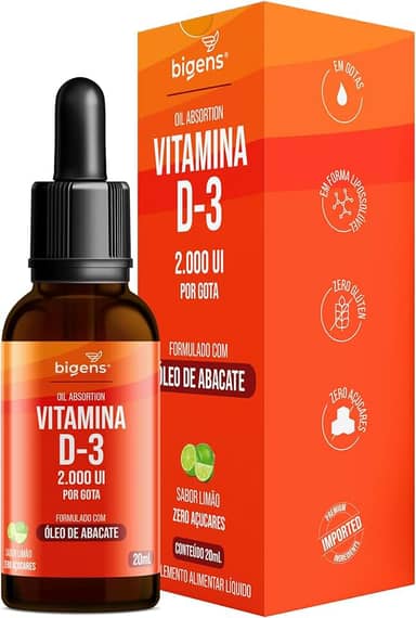Vitamina D3 Liquida, 2000UI por gota, formlado com óleo de abacate, Sabor Limão, Unidade 20mL, Bigens (Unidade)