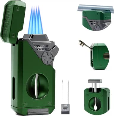 Isqueiro de tocha de butano 5 em 1, chama de jato 4, refil de isqueiro de butano, cortador em V embutido, perfurador, suporte, nubber, isqueiro à prova de vento para velas, presente legal