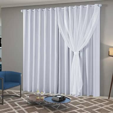 Cortina Sala Quarto Blecaute com Linho Bordado 2,80m Larg x 2,50m Alt, Forro em PVC Blackout 100% c/Abraçadeiras Inovi - Branco