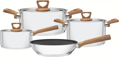 Jogo de Panelas Brava Antiaderente Cabos e Alças com Acabamento Efeito Amadeirado, Tramontina, Inox, 4 Peças