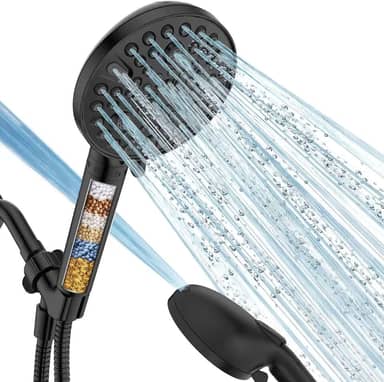 MakeFit Ducha portátil com filtro preto fosco - 10 modos de pulverização de alta pressão cabeça de chuveiro filtrada com mangueira, suporte e filtros de chuveiro de água dura para remover cloro e metais pesados
