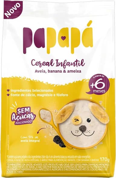 Papapá, Cereal infantil, Petit Cereal, Avêia Integral com Banana & Ameixa, Pouch, 170g, Amarelo