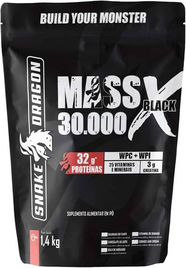 Snake Dragon Hipercalórico Mass X Black 30.000 Refil 1,4Kg 724 Kcal + Whey Protein Isolado e Concentrado 25 Vitaminas e Minerais Proteínas (1,4Kg, Vitamina de Banana)