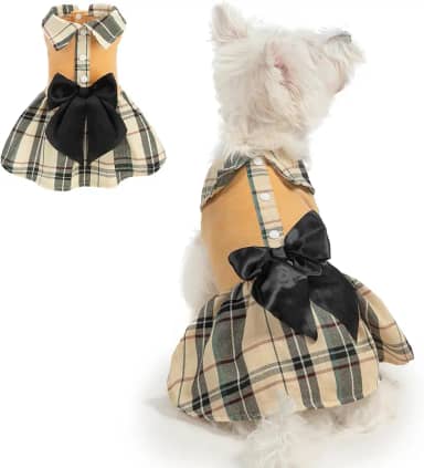 BEAUTYZOO Vestido xadrez para cachorro com laço, vestido de cachorrinho de veludo de cristal, roupas de inverno para cães pequenos, meninas, chihuahua yorkie, bege, M