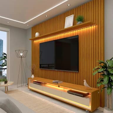 Rack com Painel Ripado para Tv até 85 Polegadas Led 3 Gavetas com Rodízios 230cm Gelius Naturale Naturale