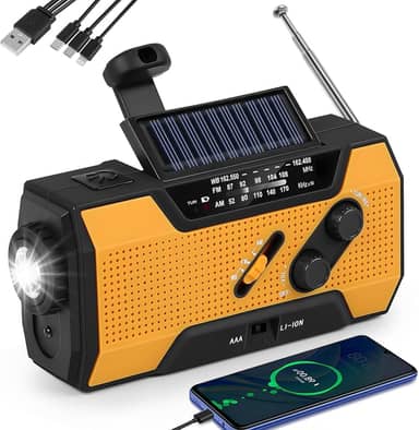 Rádio de Emergência com Manivela 2000 mAh, Rádio de Manivela Manual com Lanterna LED para Emergência, Portátil Amarelo AM/FM com Carregamento Solar, Manivela e USB, Alarme SOS