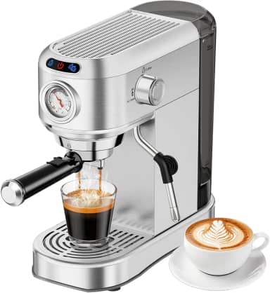 Máquina de café expresso compacta com 20 barras, máquina de café expresso de aço inoxidável com espumador de leite a vapor e tanque de água removível de 1000 ml para latte doméstico