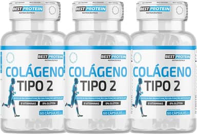 Kit 3x Colágeno Tipo 2 Joelho Articulação Manutenção da Função Articular Pote 60 Cáps Não Desnaturado Proteina 40 mg Rende 180 Doses + Vitamina B1 B2 B6 B12 C E D3 Matéria Prima Importada 100% Natural