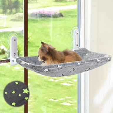Poleiro De Janela Para Gatos, Cama De Rede Dobrável Sem Fio Que Brilha No Escuro Para Gatos Com Estrutura De Metal Resistente, Assento De Descanso De Janela Com Padrão De Estrelas Brilhante