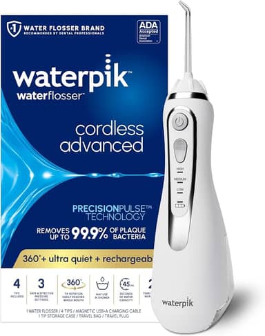 Waterpik Fio dental Advanced 2.0 sem fio para dentes, gengivas, aparelhos, cuidados dentários com bolsa de viagem e 4 pontas, aceito pela ADA, recarregável, portátil e impermeável, branco WP-580,