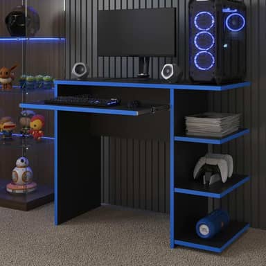 Escrivaninha/Mesa de Computador com 1 Gaveta e Prateleiras Organizadora para Quarto ou Escritório de Estudo Gamer (Preto/Azul)
