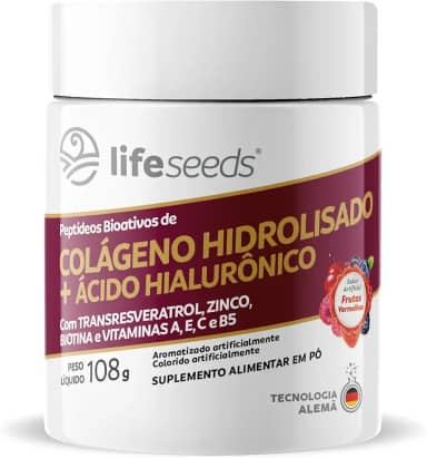 COLÁGENO HIDROLISADO + ÁCIDO HIALURÔNICO em Pó Solúvel com TRANSRESVERATROL, ZINCO, BIOTINA e VITAMINAS A, E, C e B5 - Sabor Frutas Vermelhas - 108g - 30 Doses