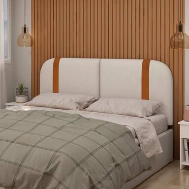 Cebeceira Orgânica SLIM Para Cama Box QUEEN Estofada em Linho Bege Com Detalhe em Couro Ecológico 160cmx55cm