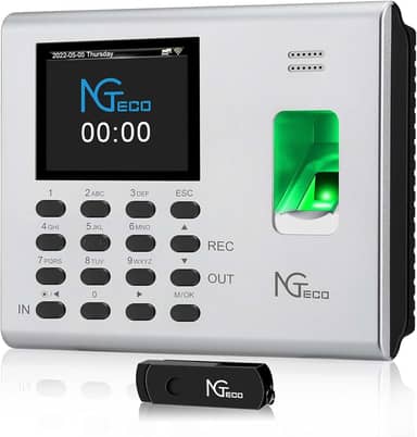 NGTeco Relógio De Ponto Para Pequenas Empresas, Máquina Cartão Funcionário Com Impressão Digital Wi-Fi 2,4 Ghz E Aplicativo Ios/Android, Entrada/Saída Automático, Bateria Reserva, Sem Mensalidade