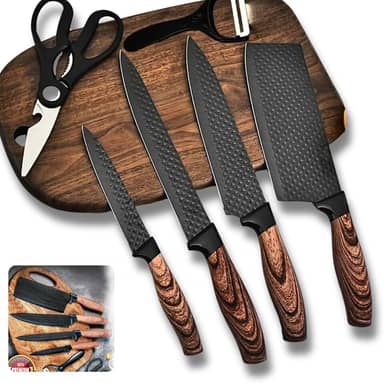 Jogo De Facas 6 Unidades Premium Rustica Amadeirada Black Corte Preciso Acabamento Antiaderente Mzcell