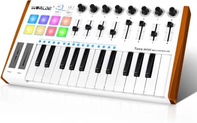 Vangoa Controlador De Teclado Midi Com 25 Teclas, Máquina Criação Batidas Portátil Tuna Mini Usb, Pads Bateria Para Iniciantes, 8 Botões, Faders, Interface Pedal, Branco