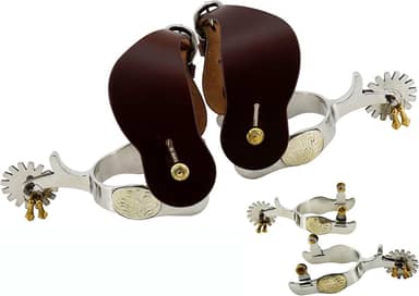 Jeereal Esporas masculinas ocidentais antigas de aço inoxidável com tiras de espora, acabamentos de prata alemães gravados