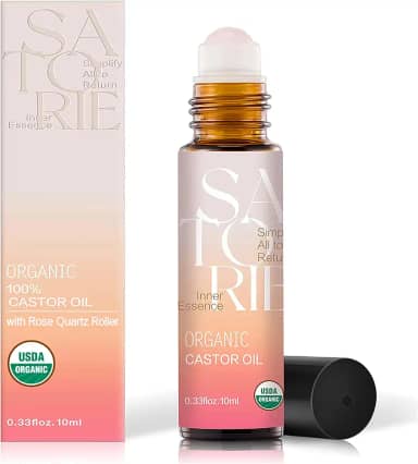 Satorie Óleo de rícino orgânico com rolo de quartzo rosa - Certificado USDA 100% óleo de rícino roll-on para rosto, sob os olhos, sobrancelhas e cílios; umidade profunda, calmante, promove o