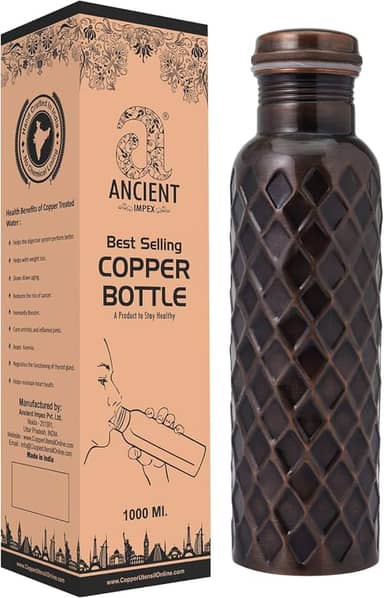 Garrafa de água de cobre puro 950 ml (acabamento diamante antigo premium) | Garrafa de cobre ayurvédica para benefícios à saúde | Garrafa de bebida à prova de vazamento, sem juntas e ecológica para