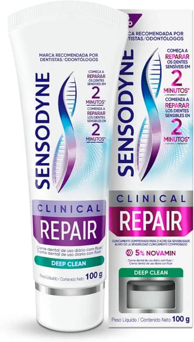 Sensodyne Creme Dental para Sensibilidade Clinical Repair Deep Clean com Flúor, Reparação dos Dentes Sensíveis, 100g