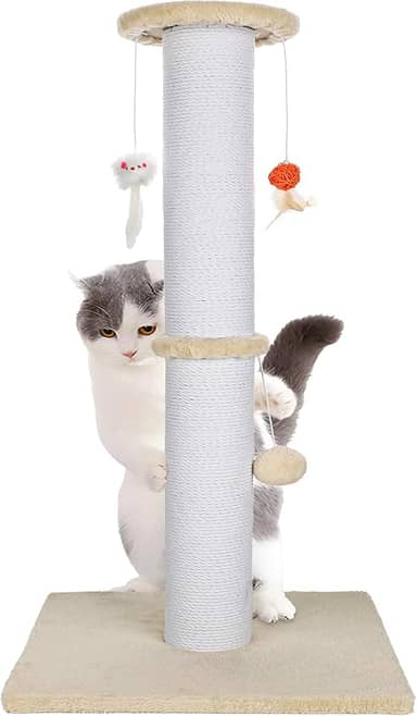 Poste arranhador para gatos de 96 cm com brinquedos pendurados (bege)