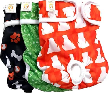 Fralda Cachorro Fêmea Reutilizáveis 3 Pcs Petting Is Caring - Materiais Duráveis ​​Solução lavável na máquina para incontinência de animais de estimação e viagens longas (NEW DESING, M)