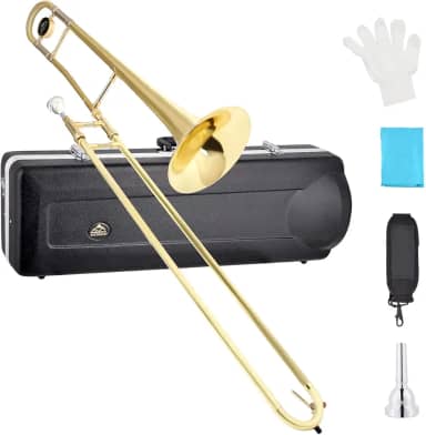 EASTROCK Trombone deslizante tenor Bb, instrumento de trombone plano banhado a latão para estudantes iniciantes com estojo rígido, com bocal, luvas brancas (12,5 mm/200 mm), dourado