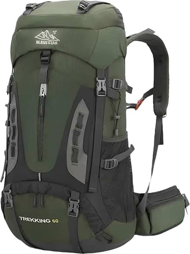 Mochila Bless star Trilha Camping Caminhada Viagem Montanhismo Alpinismo Mochilão Grande Cargueira Trekking Masculina Feminina Com Capa de Chuva 60L Verde