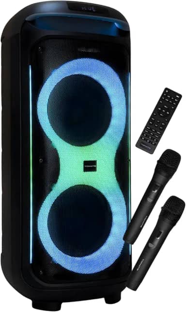Caixa de Som Bluetooth Portátil 300W TWS, 2 Woofers 8 Polegadas, Bateria 12V 10Ah, Tela Digital, Entradas USB e AUX com 2 Microfones sem Fio para Festas e Karaokê - Preto