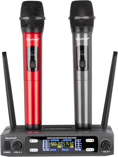Depusheng Sistema de microfone sem fio, conjunto sem fio de frequência dupla fixa VHF com 2 transmissores dinâmicos portáteis conjunto de microfones sem fio para cantar, karaokê, igreja, DJ, alcance